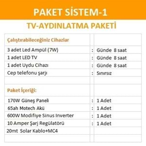 Aydınlatma ve TV Solar Sistem Paketi (Paket 1)